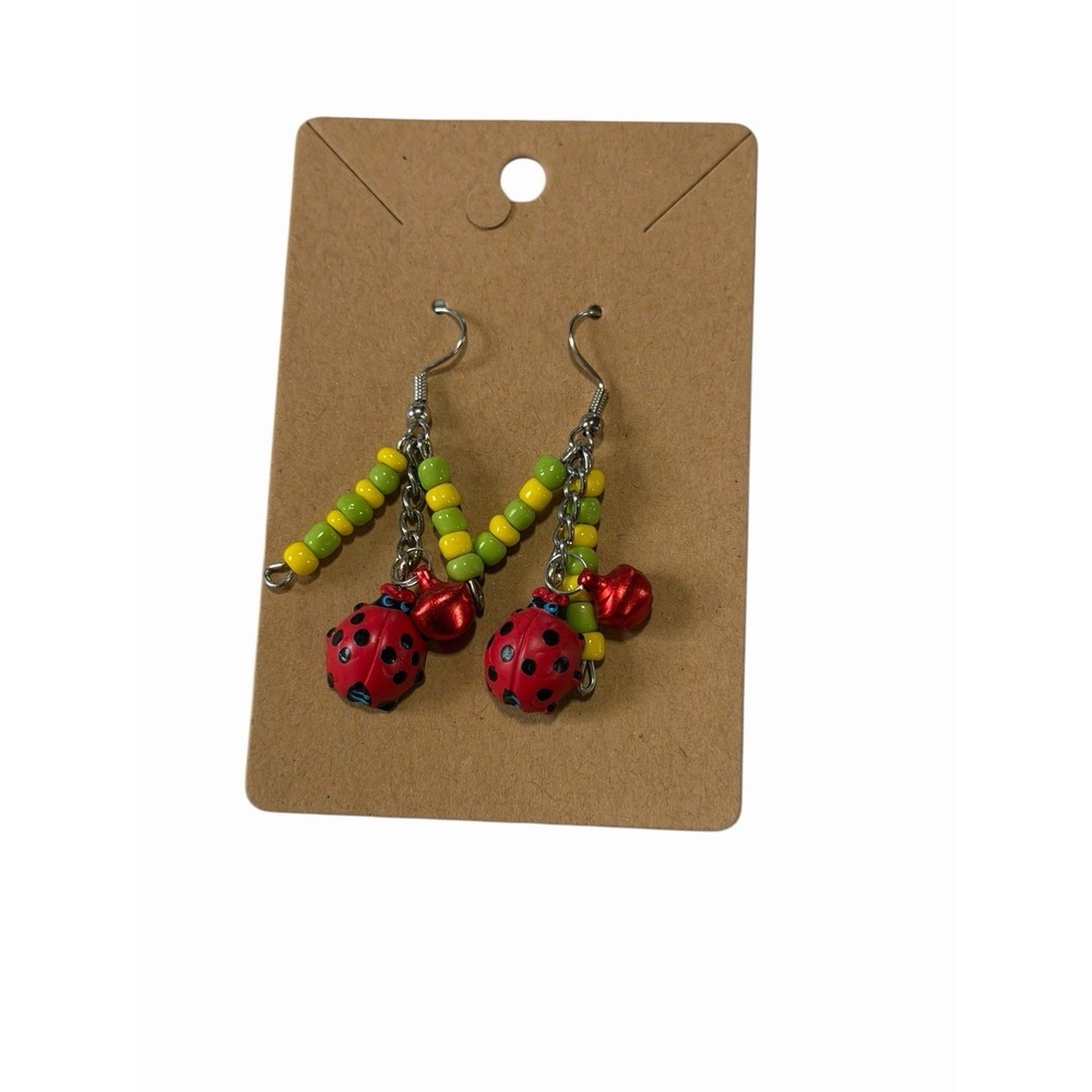 Ladybug Dangle Earrings Red Green‎ Yellow Beaded Bell Garden Whimsical